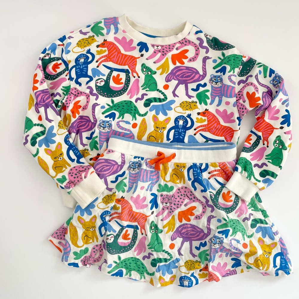 Boden colorful animal sweatshirt and skort set
